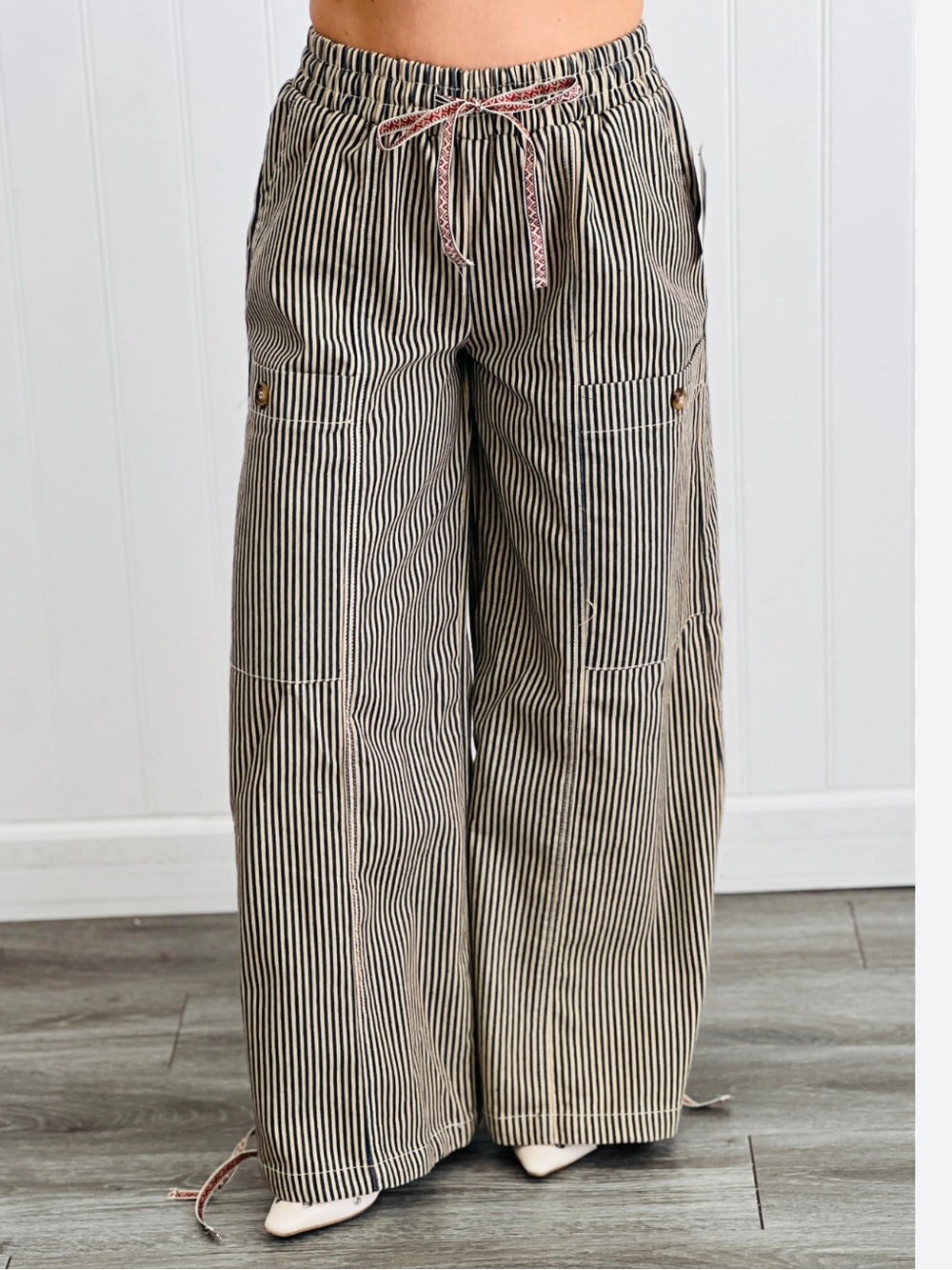 NoaBoa Striped Wide Leg Pants Size M Blue Cream Boho Adjustable Hem